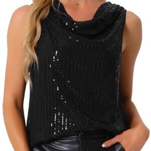 Jones New York Black Sequin Sleeveless Drape Top NWT